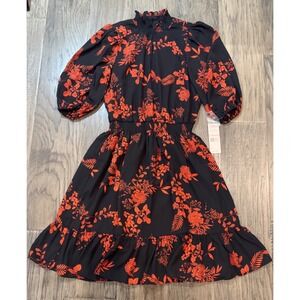NWT Nanette Lepore Dress Size 2 Black Red Floral Smocked Waist Ruffle Hem‎